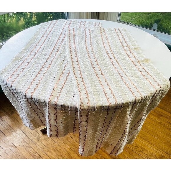 Vintage 70s mesh curtains, beige, red, brown striped net woven panels, pair - Picture 6 of 10